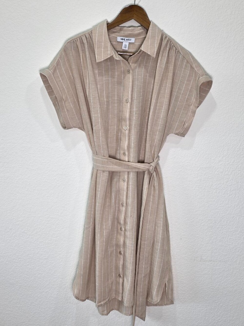 Nine West Jeans Tan Striped Tie Waist Button Down Shirt Dress Size L Flaw Read